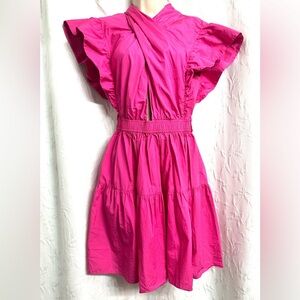 Derek Lam 10 Crosby Magenta Firm Ruffle Wrap Shift Dress Tiered Asymmetrical 8